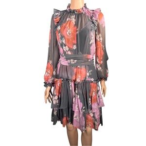 NWT Unsubscribed Grey Shadow‎ Long Sleeve Ruffle Silk Mini Dress Size 8